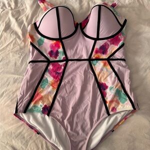 Floral One-Piece Swimsuit with Black Trim